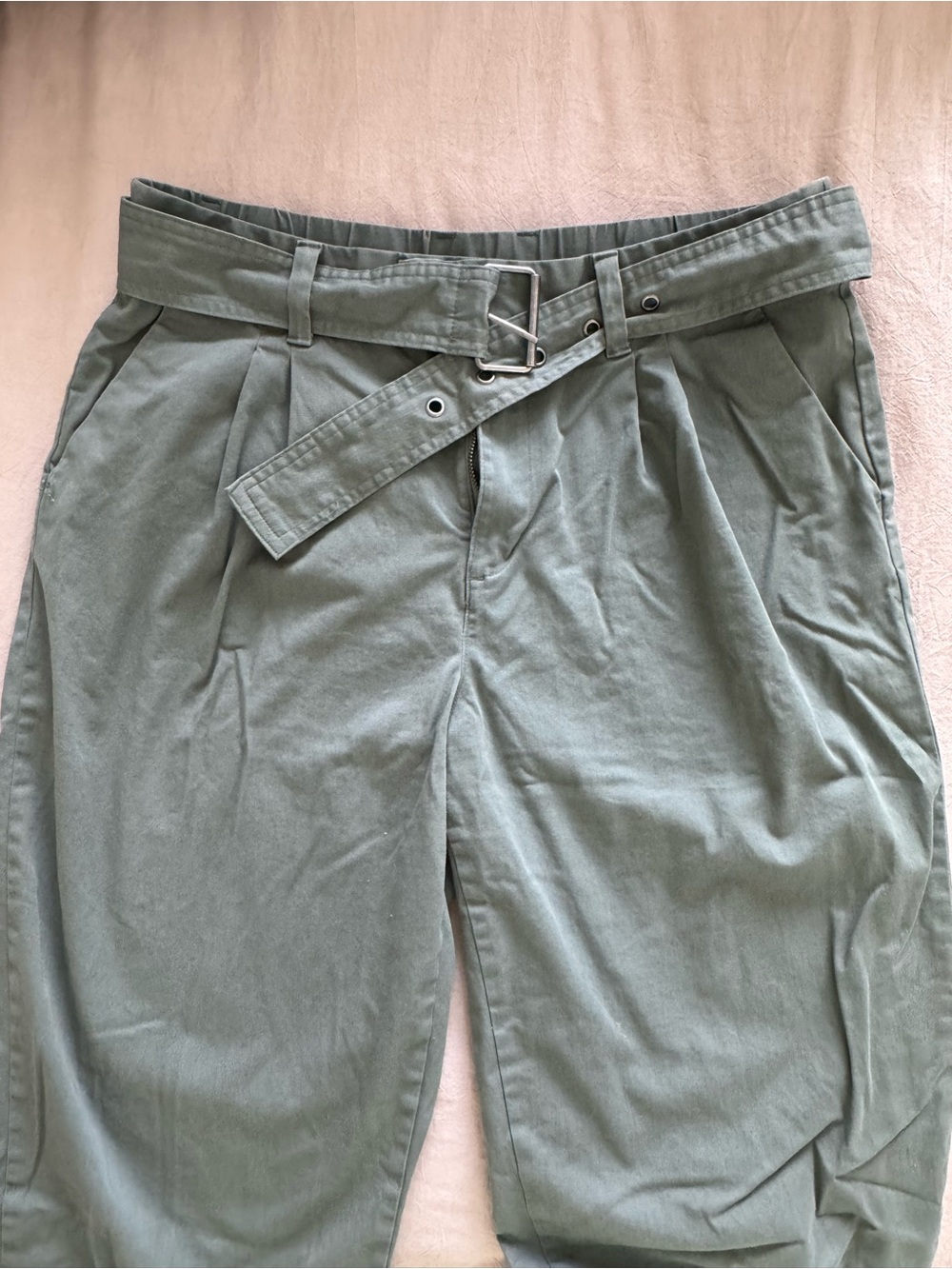a new day Olive Green Pleated Cropped Trousers with Belt